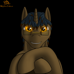 Size: 874x867 | Tagged: safe, artist:widjetarcs, oc, oc only, oc:widjet, pony, unicorn, glasses, glowing eyes, looking at you, smiling, solo