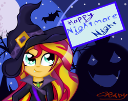 Size: 1100x870 | Tagged: safe, artist:sunsetcrady, sunset shimmer, equestria girls, g4, 2015, clothes, fangs, female, full moon, happy nightmare night, moon, necklace, night sky, nightmare night, pendant, sign, signature, solo, stars, witch