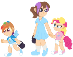 Size: 1013x788 | Tagged: safe, artist:the-crusader-network, pinkie pie, rainbow dash, oc, human, g4, age regression, cute, diaper, humanized, non-mlp oc, poofy diaper, pullup (diaper), simple background, transparent background, trick or treat