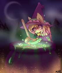 Size: 1024x1200 | Tagged: safe, artist:mimtii, oc, oc only, cauldron, clothes, hat, heart eyes, moon, solo, wingding eyes, witch