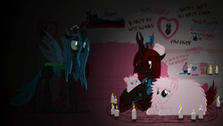 Size: 1860x1046 | Tagged: safe, artist:mixermike622, queen chrysalis, oc, oc:fluffle puff, oc:marksaline, changeling, changeling queen, g4, female, poofle universe, red changeling, summoning circle