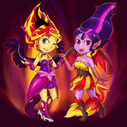 Size: 1200x1200 | Tagged: dead source, safe, artist:terpa-apret, sci-twi, sunset shimmer, twilight sparkle, equestria girls, g4, my little pony equestria girls: friendship games, clothes swap, costume swap, duo, female, holding hands, midnight sparkle, midnightsatan, pixiv, sunset satan