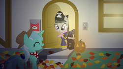 Size: 1920x1080 | Tagged: safe, artist:anon2lol, lyra heartstrings, octavia melody, g4, clothes, costume, cowboy, cute, halloween, jack-o-lantern, leaves, nightmare night, pirate, pumpkin