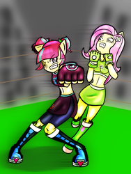Size: 600x800 | Tagged: safe, artist:rockzerox, fluttershy, sour sweet, equestria girls, g4, my little pony equestria girls: friendship games, spoiler:the accompanied, belly button, clothes, exeron fighters, exeron gloves, midriff, sports bra