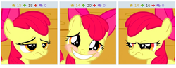 Size: 470x182 | Tagged: safe, screencap, apple bloom, earth pony, pony, derpibooru, g4, my little pony: friendship is magic, one bad apple, adorabloom, angry, bow, cropped, cute, exploitable meme, female, filly, forced juxtaposition, grin, hair bow, juxtaposition, juxtaposition win, meme, meta, smiling, unamused