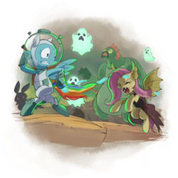 Size: 1024x1024 | Tagged: safe, artist:stupjam, fluttershy, harry, rainbow dash, bat pony, ghost, pony, g4, scare master, astrodash, astronaut, clothes, costume, fake flutterbat, flutterbat, flutterbat costume, harry the swamp monster, nightmare night, nightmare night costume, parody, spacesuit, team fortress 2