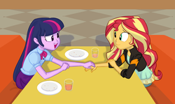 Size: 1348x804 | Tagged: safe, artist:carnifex, sunset shimmer, twilight sparkle, equestria girls, g4, my little pony equestria girls: friendship games, cafe, clothes, commission, deleted scene, drink, duo, eye contact, female, glass, homesick shimmer, jacket, leather jacket, looking at each other, looking at someone, open mouth, plate, sitting, skirt, smiling, table, talking, twilight sparkle (alicorn)
