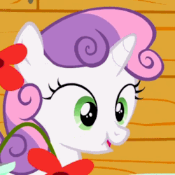 Size: 335x335 | Tagged: safe, screencap, sweetie belle, pony, unicorn, g4, one bad apple, :t, animated, chewing, cropped, cute, diasweetes, female, filly, foal, gif, horn, loop, open mouth, puffy cheeks, smiling, solo