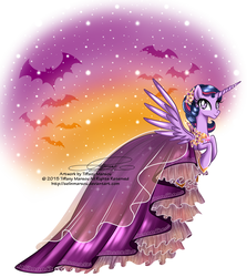 Size: 1280x1436 | Tagged: safe, artist:tiffanymarsou, twilight sparkle, alicorn, bat, pony, g4, alternate hairstyle, clothes, dress, female, halloween, looking at you, mare, older, raised hoof, solo, spread wings, twilight sparkle (alicorn)