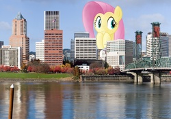 Size: 1600x1120 | Tagged: safe, artist:flutterbatismagic, fluttershy, pony, g4, giant pony, highrise ponies, irl, macro, oregon, photo, ponies in real life, portland