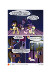 Size: 3541x5016 | Tagged: safe, artist:gashiboka, doctor whooves, fluttershy, rarity, roseluck, time turner, earth pony, pegasus, pony, unicorn, comic:recall the time of no return, g4, cell, comic, patreon, patreon logo, prison