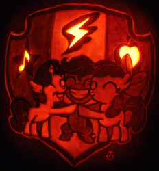 Size: 1000x1077 | Tagged: safe, artist:johwee, apple bloom, scootaloo, sweetie belle, crusaders of the lost mark, g4, cutie mark, cutie mark crusaders, halloween, jack-o-lantern, photo, pumpkin, the cmc's cutie marks