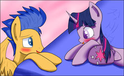 Size: 4678x2856 | Tagged: safe, artist:morning6670, flash sentry, twilight sparkle, alicorn, pony, g4, bed, blushing, cute, female, korean, male, mare, pillow, ship:flashlight, shipping, straight, twilight sparkle (alicorn)