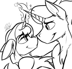 Size: 676x649 | Tagged: safe, artist:ralek, idw, king sombra, radiant hope, crystal pony, pony, g4, spoiler:comic, spoiler:comicfiendshipismagic1, black and white, boop, female, grayscale, heart, magic, male, noseboop, ship:hopebra, shipping, sketch, straight