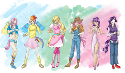 Size: 900x529 | Tagged: safe, artist:sehad, applejack, fluttershy, pinkie pie, rainbow dash, rarity, twilight sparkle, human, g4, abs, applejack also dresses in style, clothes, clothes swap, girly, horn, horned humanization, humanized, puffy sleeves, rainbow dash always dresses in style, sandals, simple background, socks, tailed humanization, tomboy taming, winged humanization