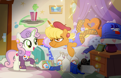 Size: 1036x666 | Tagged: safe, artist:pixelkitties, ms. harshwhinny, sweetie belle, crusaders of the lost mark, g4, alcohol, bagpipes o'toole, bloody mary, cigar, duo, fishnet stockings, hangover, leotard, scotch, votehorse