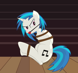 Size: 1350x1265 | Tagged: safe, artist:bondagelover888, dj pon-3, vinyl scratch, pony, unicorn, g4, angry, ballgag, bondage, female, gag, mare, rope bondage, show accurate, solo, tied up, vinylsub