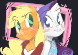 Size: 1280x910 | Tagged: safe, artist:boooq, applejack, rarity, g4, blushing, clothes, female, lesbian, ship:rarijack, shipping