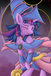 Size: 3750x5625 | Tagged: safe, artist:ardail, twilight sparkle, pony, unicorn, semi-anthro, g4, absurd resolution, blush sticker, blushing, chest fluff, clothes, cosplay, costume, cute, dark magician girl, ear fluff, female, mare, one eye closed, open mouth, open smile, phone wallpaper, smiling, solo, twiabetes, unicorn twilight, wink, yu-gi-oh!