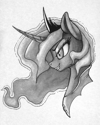 Size: 1024x1278 | Tagged: safe, artist:shydale, nightmare moon, g4, female, grin, inktober, monochrome, profile, solo, traditional art