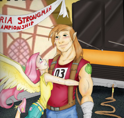 Size: 1221x1163 | Tagged: safe, artist:sparklinburgndy, big macintosh, fluttershy, human, g4, contest, female, hug, humanized, light skin, male, ship:fluttermac, shipping, straight, suspenders