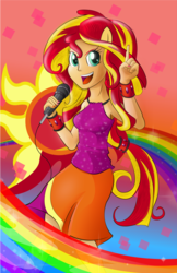 Size: 2140x3308 | Tagged: safe, artist:burnt-sprinkles, sunset shimmer, equestria girls, g4, my little pony equestria girls: rainbow rocks, armpits, bracelet, clothes, eared humanization, female, high res, looking at you, microphone, nail polish, open mouth, ponied up, singing, smiling, solo, tank top, wristband