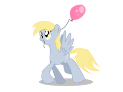 Size: 640x480 | Tagged: safe, artist:burnt-sprinkles, derpy hooves, pegasus, pony, g4, balloon, cute, female, mare, mouth hold, simple background, smiling, solo, spread wings, transparent background, walking