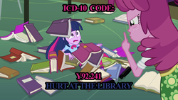 Size: 1920x1080 | Tagged: safe, edit, edited screencap, screencap, cheerilee, twilight sparkle, equestria girls, g4, my little pony equestria girls, book, icd-10, library, text