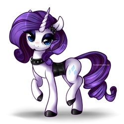 Size: 1000x1000 | Tagged: safe, artist:licora, rarity, pony, unicorn, g4, clothes, collar, female, looking at you, mare, scrunchie, shoes, simple background, solo, white background