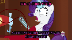 Size: 1920x1080 | Tagged: safe, screencap, rarity, g4, magic duel, female, icd-10, injured, pink text, purple text, solo