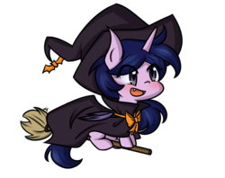 Size: 2900x2300 | Tagged: safe, artist:littlecloudie, oc, oc only, oc:misty glitz, bat pony, pony, unicorn, blushing, bow, broom, cute little fangs, fangs, flying, flying broomstick, hat, high res, open mouth, simple background, solo, transparent background, witch, witch hat