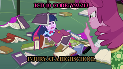 Size: 1920x1080 | Tagged: safe, edit, edited screencap, screencap, cheerilee, twilight sparkle, equestria girls, g4, my little pony equestria girls, book, icd-10, library, pink text, text