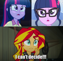 Size: 1280x1246 | Tagged: safe, edit, edited screencap, screencap, sci-twi, sunset shimmer, twilight sparkle, equestria girls, g4, my little pony equestria girls: friendship games, my little pony equestria girls: rainbow rocks, blushing, counterparts, female, i can't decide, lesbian, love triangle, magical trio, meme, ot3, ship:sci-twishimmer, ship:sunset twiangle, ship:sunsetsparkle, shipping, song in the comments, this will end in a threesome, this will end in polygamy, twilight's counterparts, twolight