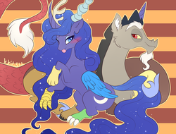 Size: 1969x1500 | Tagged: dead source, safe, artist:kkitsu, discord, princess luna, alicorn, draconequus, pony, g4, blushing, clothes, costume, female, male, mare, ship:lunacord, shipping, straight, tongue out