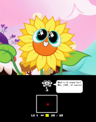 Size: 748x956 | Tagged: safe, do princesses dream of magic sheep, g4, flower, flowey, grin, looking at you, nightmare sunflower, pure unfiltered evil, smiling, starry eyes, sunflower, undertale, wingding eyes