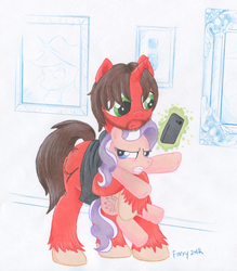 Size: 1077x1231 | Tagged: safe, artist:foxxy-arts, diamond tiara, oc, g4, alfred hitchcock, cellphone, m.a. larson, phone, ponified, ponysona, smartphone, traditional art