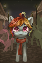 Size: 1355x2045 | Tagged: safe, artist:fensu-san, rainbow dash, g4, alternate hairstyle, clothes, crying, night, scarf