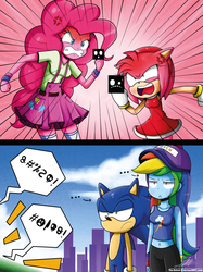 Size: 1146x1535 | Tagged: safe, artist:the-butch-x, pinkie pie, rainbow dash, equestria girls, g4, amy rose, angry, argument, based on art, belly button, censored, censored vulgarity, clothes, crossover, dress, grawlixes, male, middle finger, midriff, miniskirt, rainbow dash is not impressed, skirt, socks, sonic the hedgehog, sonic the hedgehog (series), tank top, thigh highs, thigh socks, unamused