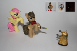 Size: 1024x682 | Tagged: safe, artist:malcassairo, doctor whooves, fluttershy, time turner, earth pony, pony, g4, 3d glasses, blind bag, bowtie, customized toy, dalek, doctor who, fez, hat, irl, male, photo, sonic screwdriver, stallion, toy