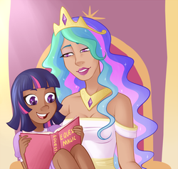 Size: 800x761 | Tagged: safe, artist:emberfan11, princess celestia, twilight sparkle, human, g4, alternate hairstyle, book, child, crown, dark skin, female, humanized, jewelry, lipstick, momlestia, open mouth, regalia, younger