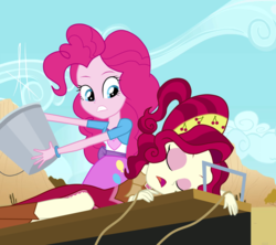 Size: 1024x910 | Tagged: dead source, safe, artist:angelitus01, cherry jubilee, pinkie pie, human, equestria girls, g4, party pooped, boots, bucket, clothes, dress, duo, duo female, equestria girls interpretation, equestria girls-ified, female, scene interpretation, shoes, show accurate, skirt, sleeping