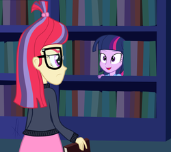 Size: 1024x910 | Tagged: dead source, safe, artist:angelitus01, moondancer, twilight sparkle, human, amending fences, equestria girls, g4, book, bookshelf, clothes, duo, duo female, equestria girls interpretation, equestria girls-ified, female, glasses, library, scene interpretation, show accurate, skirt, sweater