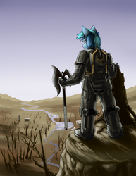 Size: 3400x4400 | Tagged: safe, artist:aphexangel, oc, oc only, oc:umami stale, pegasus, anthro, hellfire armor, male, solo, wasteland