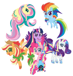 Size: 1024x1056 | Tagged: safe, artist:scatteredlove, applejack, fluttershy, pinkie pie, rainbow dash, rarity, twilight sparkle, alicorn, pony, g4, chibi, mane six, rainbow power