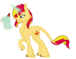 Size: 3300x2550 | Tagged: safe, artist:skybreeze-mastermc, sunset shimmer, classical unicorn, pony, unicorn, g4, female, high res, horn, leonine tail, magic, quill, scroll, solo, unshorn fetlocks