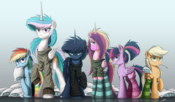Size: 3000x1749 | Tagged: safe, artist:ncmares, applejack, princess cadance, princess celestia, princess luna, rainbow dash, twilight sparkle, alicorn, earth pony, pegasus, pony, ask majesty incarnate, g4, alicorn tetrarchy, alternate hairstyle, angry, bed mane, bedroom eyes, blowing bubbles, bubble, bubblegum, clothes, female, folded wings, food, hair over one eye, height difference, hoodie, looking at you, mare, mouth hold, nose wrinkle, pillow, rainbow socks, raised hoof, simple background, slender, socks, straw in mouth, striped socks, sweater, thin, twilight sparkle (alicorn), wings, wrong neighborhood