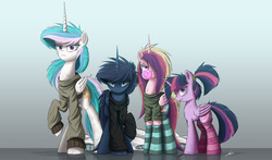 Size: 3000x1762 | Tagged: safe, artist:ncmares, princess cadance, princess celestia, princess luna, twilight sparkle, alicorn, pony, ask majesty incarnate, g4, alicorn tetrarchy, angry, bed mane, bedroom eyes, blowing bubbles, bubble, bubblegum, clothes, female, hair over one eye, hoodie, looking at you, mare, pillow, raised hoof, scruffy, socks, striped socks, twilight sparkle (alicorn)