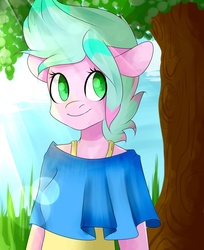 Size: 1670x2048 | Tagged: safe, oc, oc only, anthro, clothes, female, floppy ears, grass, smiling, solo, summer, tree