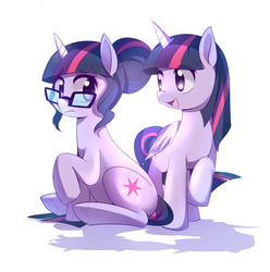 Size: 1200x1209 | Tagged: safe, artist:caibaoreturn, sci-twi, twilight sparkle, alicorn, pony, unicorn, equestria girls, cute, duo, equestria girls ponified, female, glasses, hilarious in hindsight, mare, pixiv, ponified, ponified humanized pony, raised hoof, self ponidox, simple background, sitting, twiabetes, twilight sparkle (alicorn), twolight, unicorn sci-twi, unicorn twilight, white background