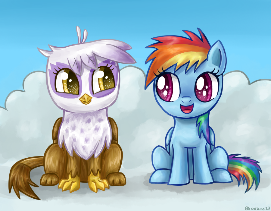 Safe Artist Birchflame Gilda Rainbow Dash Griffon Chickub Cloud Cute Filly